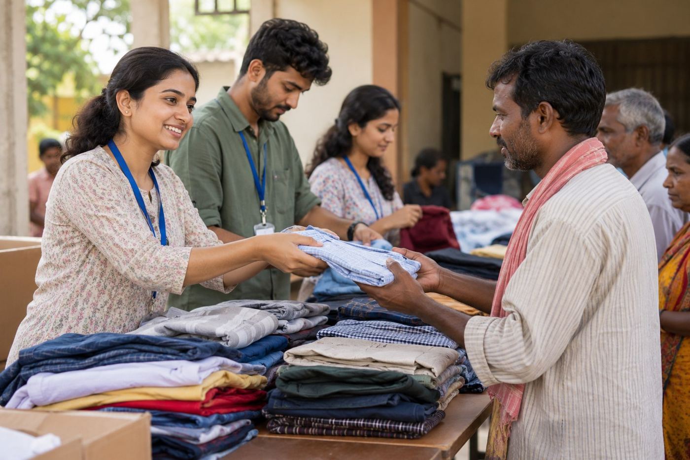 Illustrative image of volunteers sorting and handing out donated clothes