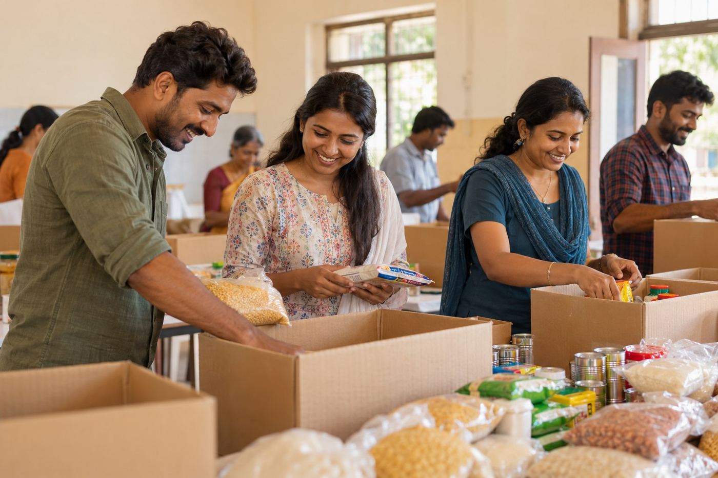 Illustrative image of volunteers preparing support kits
